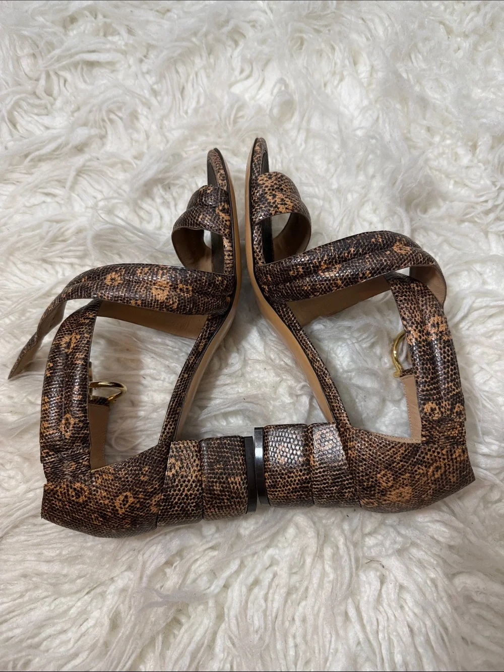 RARE Salvatore Ferragamo Brown Snakeskin Crisscross Strap Heels size 6 to 6.5